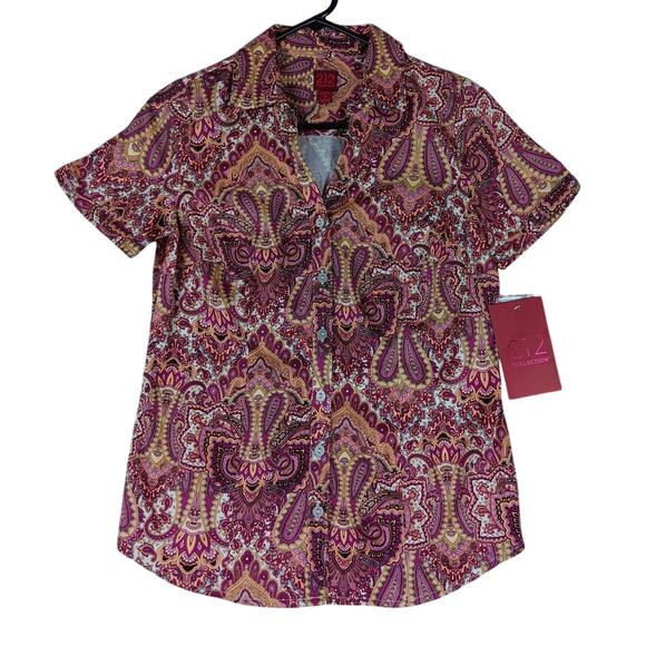 212 Collection Button Up Blouse Womens Extra Small Purple Paisley Stretch Casual - Picture 1 of 15